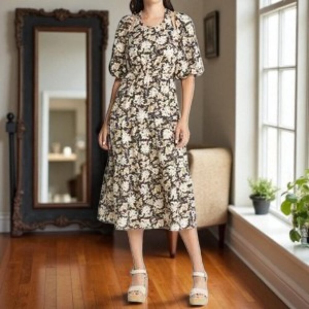 NWT Moon River Black Floral Print Puff Sleeve with Halter Midi Dress - Picture 5 of 11